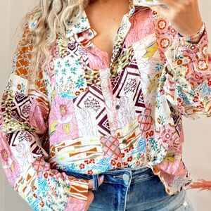 B042 Pink Abstract Print Boho Button Down Shirt
